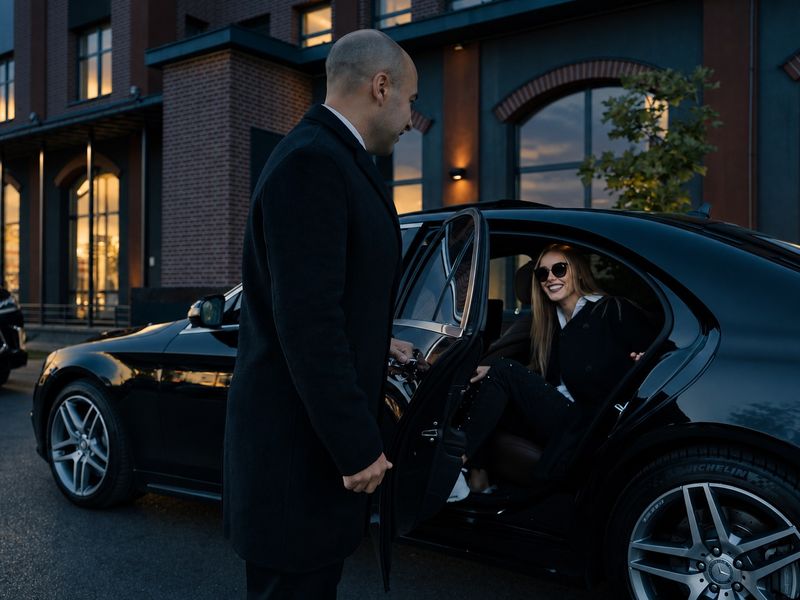 Chauffeur holding the door of a black Mercedes-Benz open for a passenger