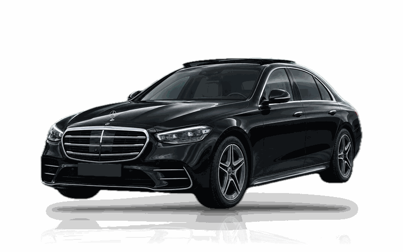 Black Mercedes-Benz S-Class, front three-quarter view (stock photograph, edited)