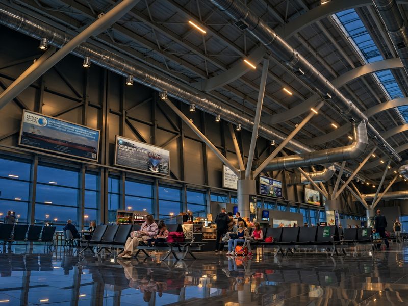 Airport terminal hall in the evening