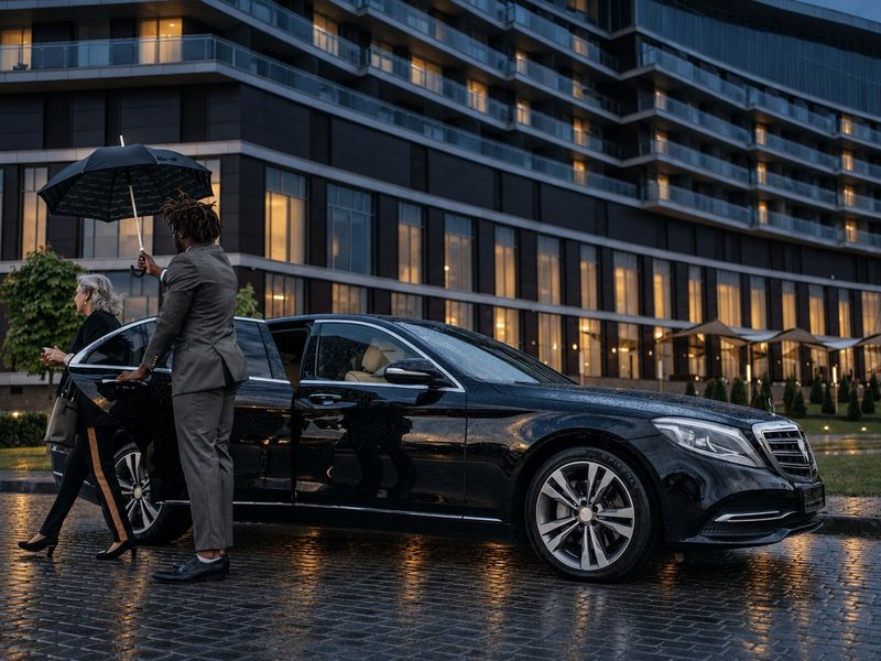 Chauffeur holding an umbrella for a guest at a hotel entrance