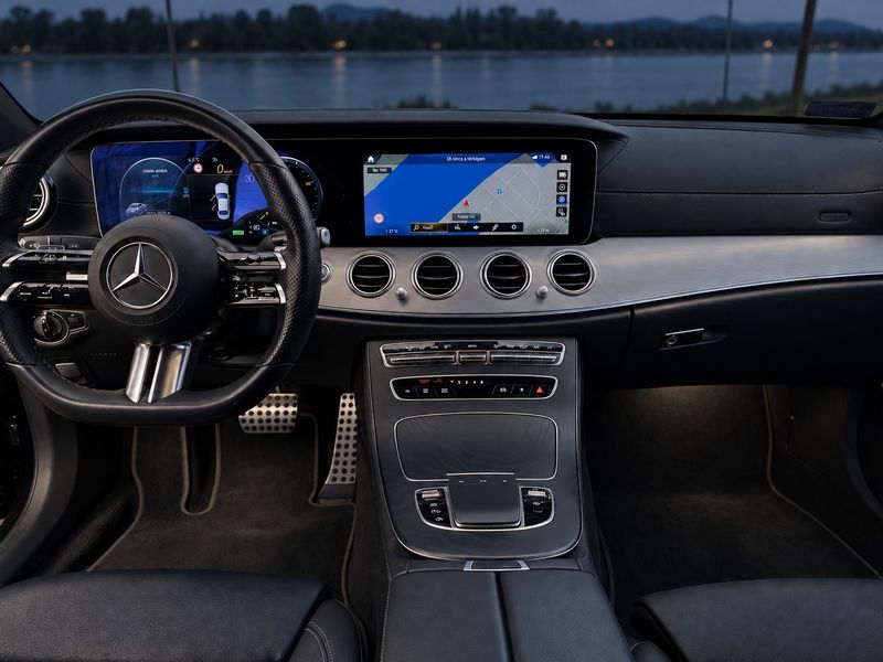 Dashboard and screens of our Mercedes-Benz E-Class in the evening