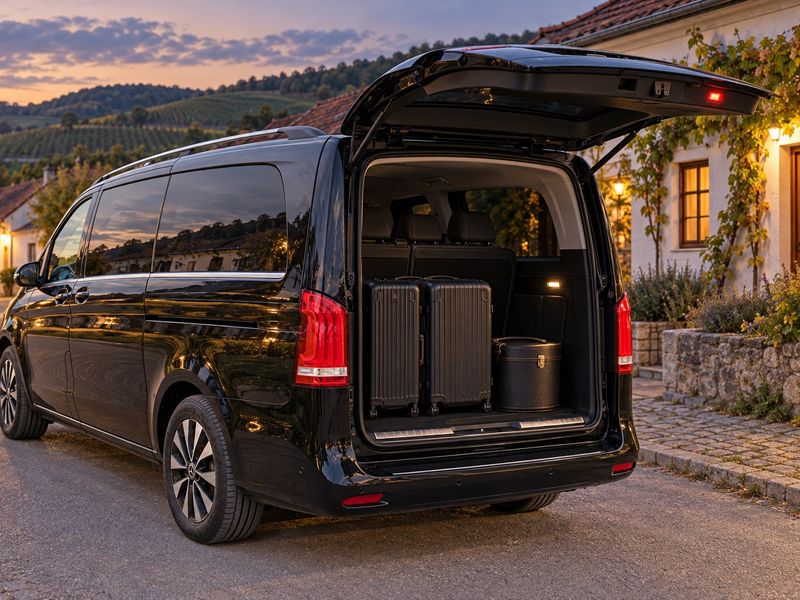 Black Mercedes-Benz V-Class with the tailgate open, two suitcases and a hat box inside, on a village street in the Tokaj region