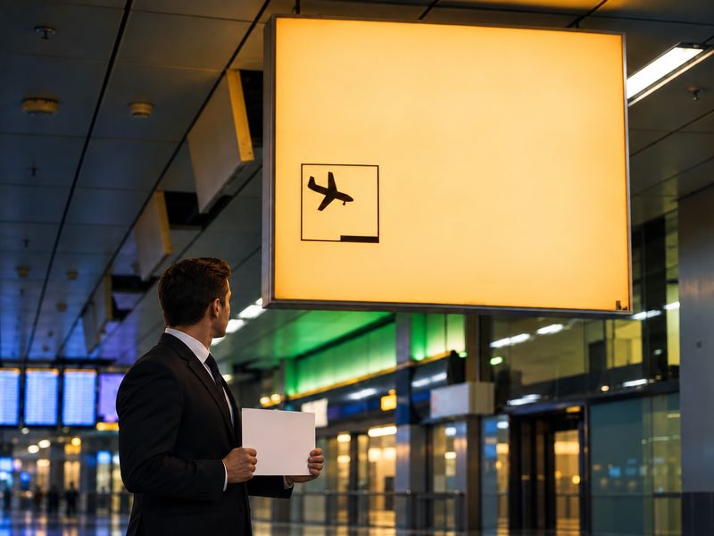 Chauffeur in a dark suit holding a name board in an airport arrivals hall