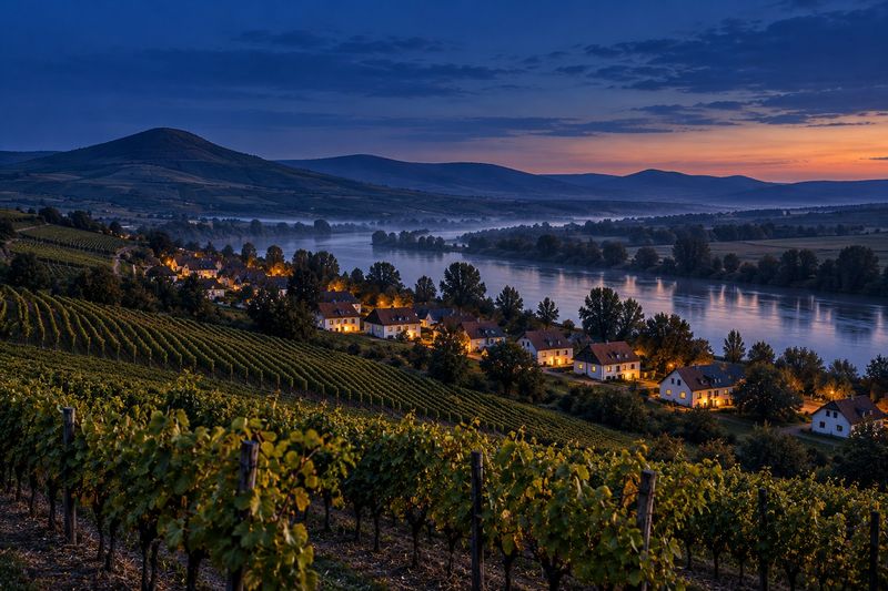 Vineyards above a river village in the Tokaj wine region at dusk