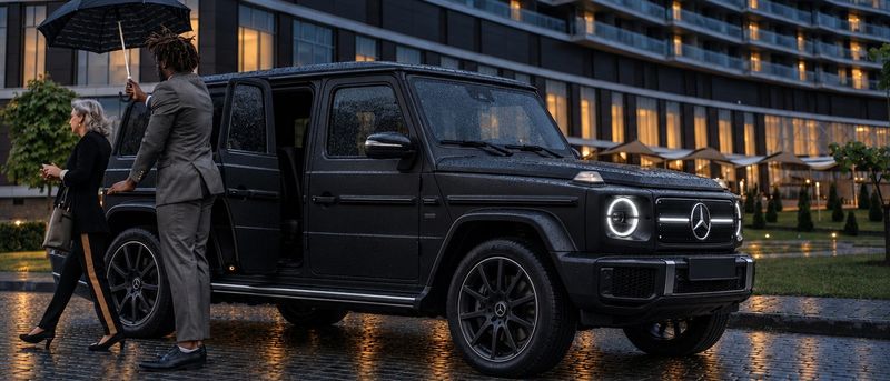 Chauffeur holding an umbrella and the rear door of a matte black Mercedes-Benz G 580 for a guest at a hotel