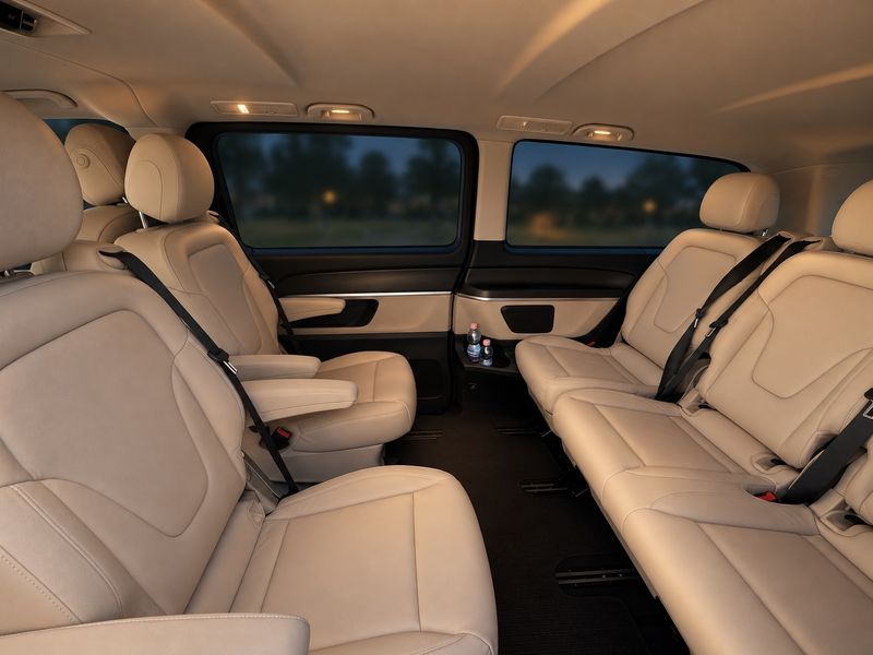 Cream leather seats facing each other in the cabin of our Mercedes-Benz V-Class