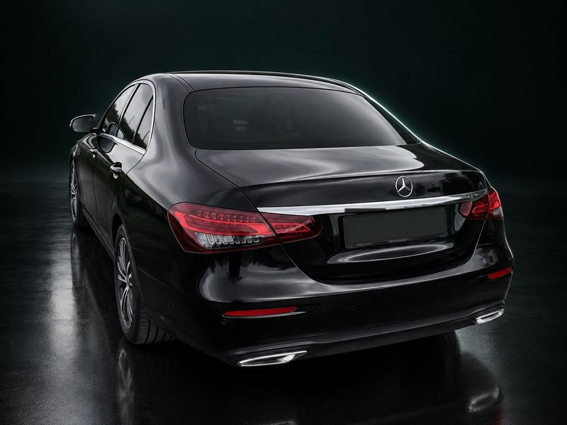 Black Mercedes-Benz E-Class of our fleet, rear three-quarter view