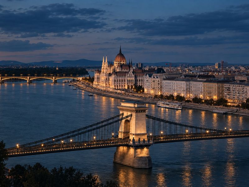 The Chain Bridge and the Hungarian Parliament at dusk